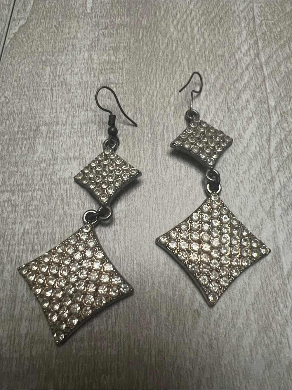 Rhinestone Double-Diamond Drop Earrings - Gold Tone Crystal